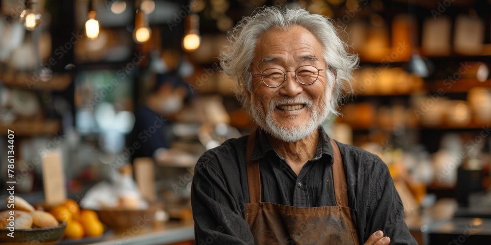 Cheerful elderly Japanese man with a happy smile, showing wisdom and vitality.