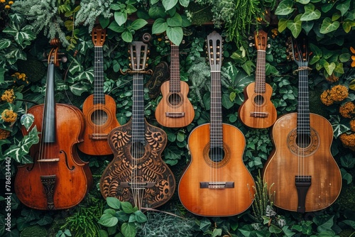 Close-up of a set of beautiful guitars on a natural green wall.