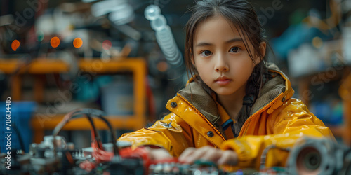 A young girl displaying intelligence and creativity works in an industrial laboratory, focusing on technology, engineering and science.