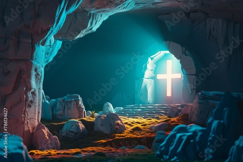 A cross is seen through a small opening in a rock wall