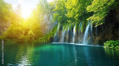 Sunlight shining on pure water waterfall in beautiful garden. Colorful spring panorama of green forest with blue lake. nice natural view