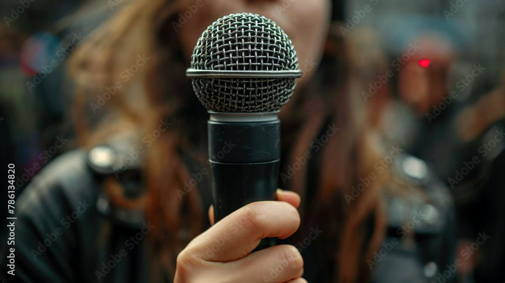 Close-Up of a Microphone Held by a Protest Speaker - obrazy, fototapety, plakaty 