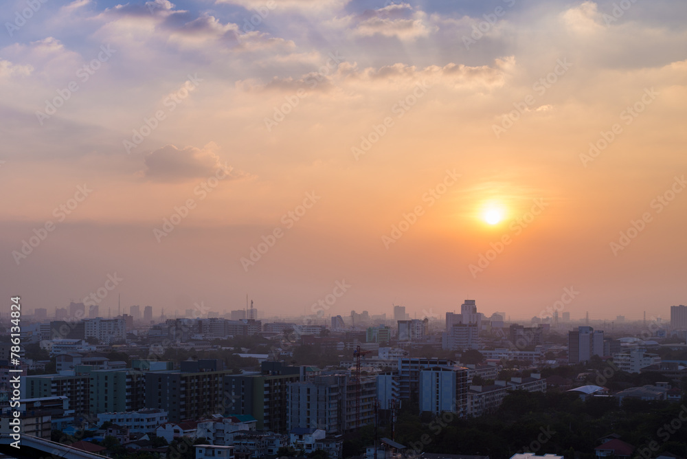 The evening skyline in Bangkok, Thailand offers a breathtaking view