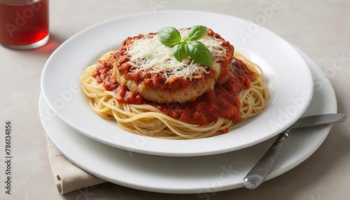 Veal Parmigiana with spaghetti in tomato sauce