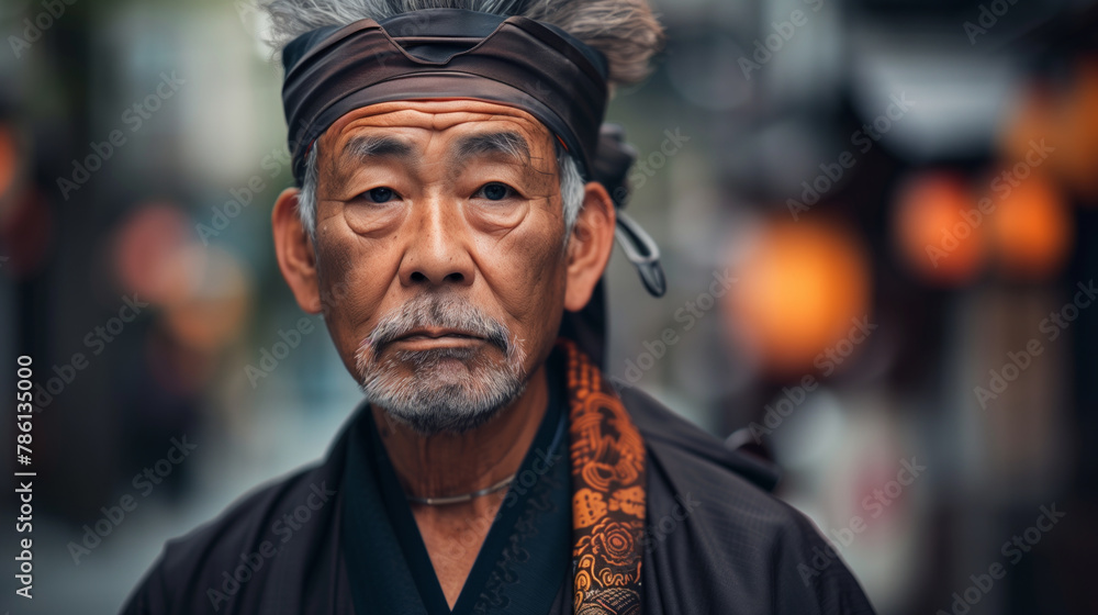 A Japanese man with a bald head and a beard stands in front of a building. He is wearing a black jacket and a blue scarf. a typical Japanese man A Japanese man with a bald head and a beard stands in front of a building. He is wearing a black jacket and a blue scarf. a typical Japanese man