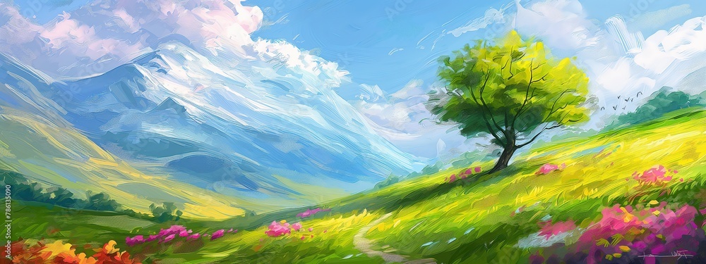spring green grass pasture with a lone tree, artful painting style illustration with grungy brush stroke texture, Generative Ai