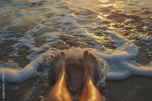 travel and summer concept, close up of female legs on the beach