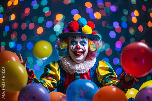happy clown with colorful balloons in circus