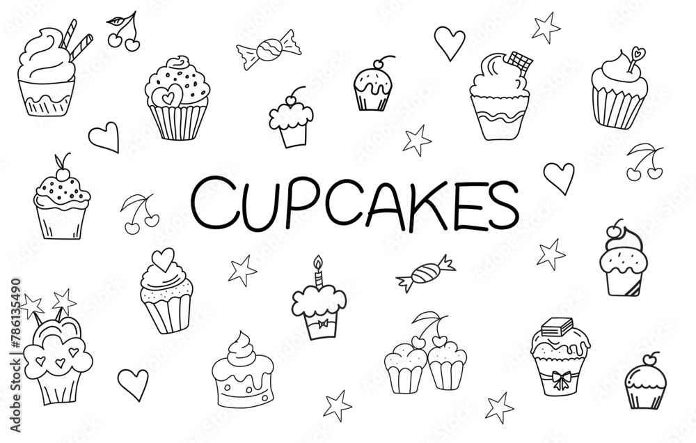 Big set of different doodle cupcake. Hand drawn elements. Sweets. Line art.