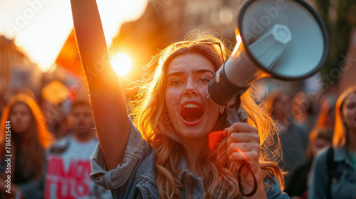 Young Woman Leading Protest with Megaphone at Sunset