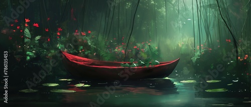rowboat at waterlily pond serene tranquil green bamboo forest artful painting style illustration with grungy brush stroke texture, Generative Ai