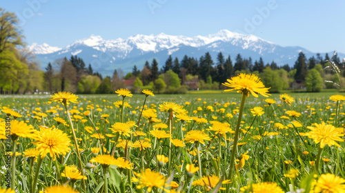 A vibrant sea of yellow wildflowers stretches towards a lush green forest © Jakraphong