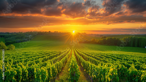  The golden light of sunset bathes rows of grapevines in a warm glow