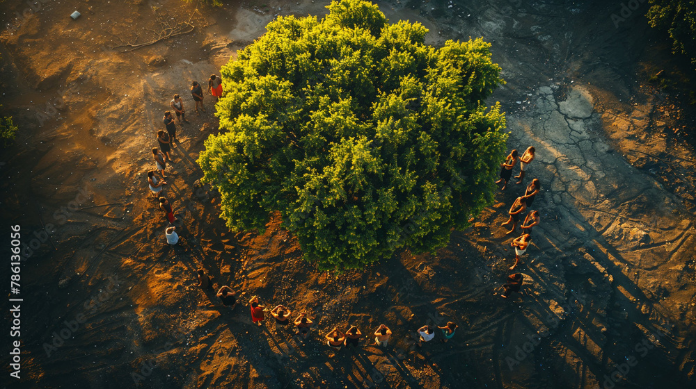 Eco Activists Forming a Human Chain Around a Tree