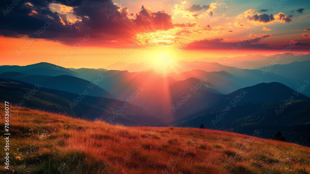 Obraz premium Sunset over a mountain silhouette