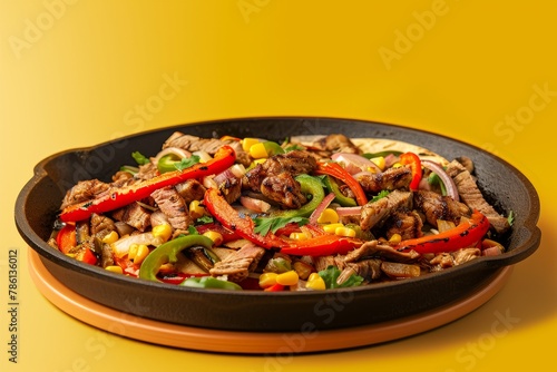 A plate of food with meat, corn, and peppers