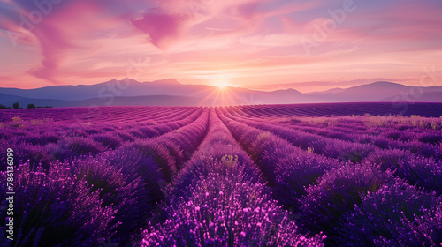 Vast field of lavender in full bloom, stretching towards a horizon painted with hues of pink and orange from the rising sun