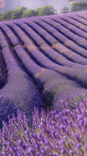 A close-up of a lavender field at sunset captures the beauty of the flowers