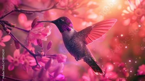 A dainty hummingbird, its iridescent feathers shimmering in the sunlight, frozen mid-flight against a backdrop of vivid magenta.