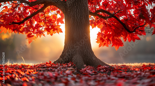 Solitary red-leaved tree among fallen leaves photo