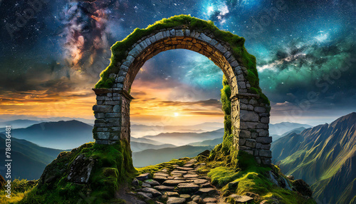 Old stone arch with green moss. Mysterious portal to another world. Ancient ruins. Cosmic sky. photo