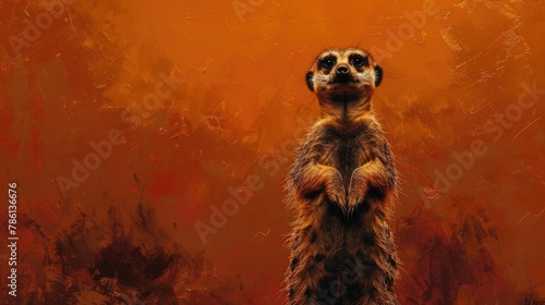 A curious meerkat, standing alert on its hind legs, dark eyes scanning the horizon for signs of danger against a backdrop of burnt sienna.