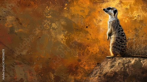 A curious meerkat, standing alert on its hind legs, dark eyes scanning the horizon for signs of danger against a backdrop of burnt sienna.