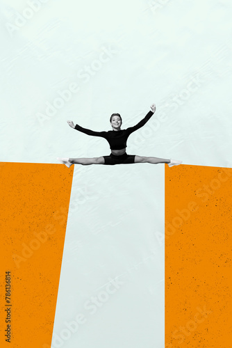 Creative abstract photo collage young happy flexible woman balance split over abyss hard strong orange black white filter problem solving