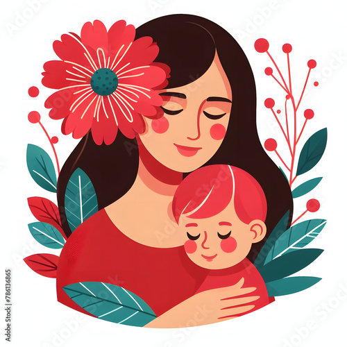 Mom face closeup with baby, flower, and leaves, red color, isolated on a white background, flat vector illustration 
