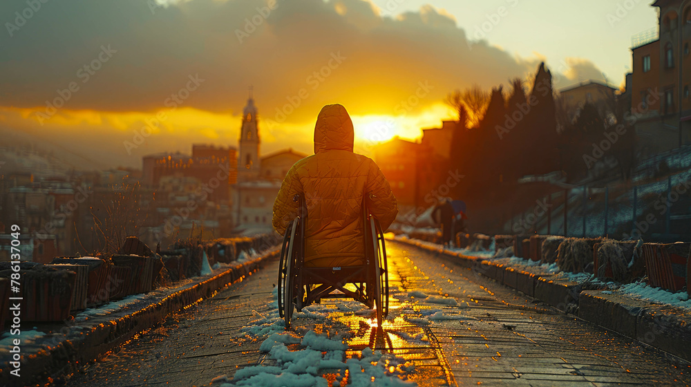 A disabled man in a wheelchair walks in the autumn park on a bright sunny day - obrazy, fototapety, plakaty 