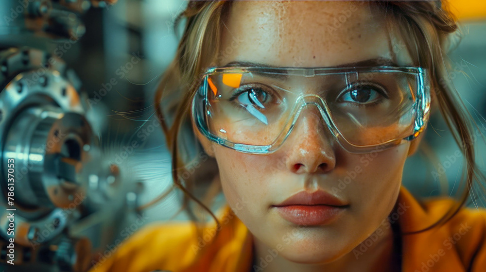 Portrait of a young female engineer in a factory, looking at camera Portrait of a young female engineer in a factory, looking at camera