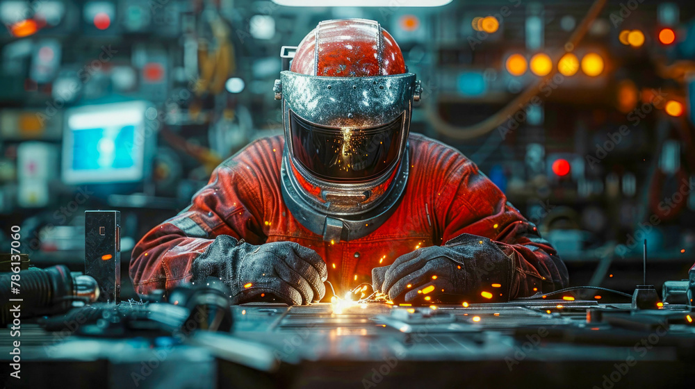 Welder with protective mask welding metal in factory. Industrial scene