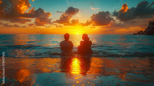 couple in love sitting on beach chairs and watching beautiful sunset on sea © Aliaksandra