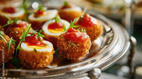 Appetizer of small scotch eggs with tomato sauce presented on a silver platter