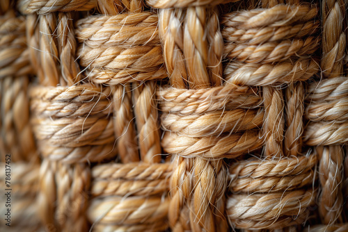 Close-up image of woven fabric texture with interlacing threads in natural colors