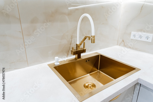 Square Gold Color Sink For Kitchen, Bronze Faucet, Beautiful Designer Kitchen With Sink.