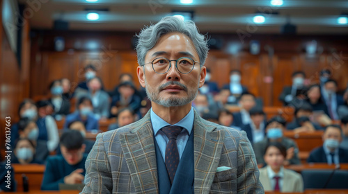 A Chinese man in a suit and tie stands in front of a crowd of people. He is has a serious expression on his face. The audience with Asian students together with Chinese bespectacled professor photo