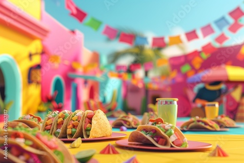 A colorful background with a banner and a table with four tacos and a pineapple