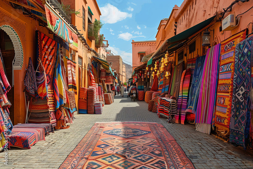 Colorful market street with vibrant fabrics 