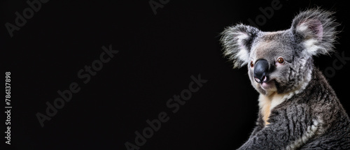 Close-up studio portrait of a koala on a black background highlighting its grey fur and distinctive nose