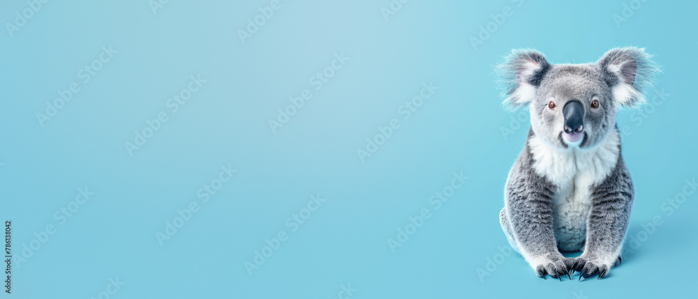 Obraz premium This koala is posed frontally with its ears perked and a cheerful grin, providing a sense of happiness against the blue backdrop