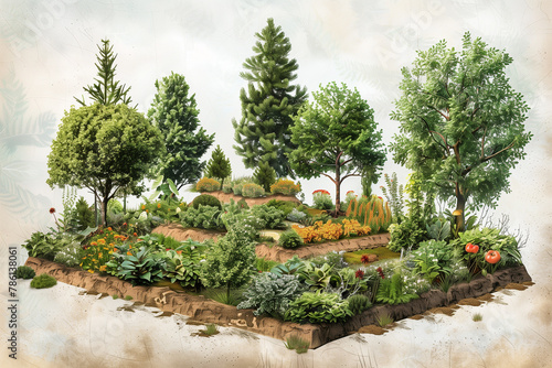 a permaculture food forest with multiple layers of plants, including trees, shrubs, and ground cover, a self-sustaining ecosystem