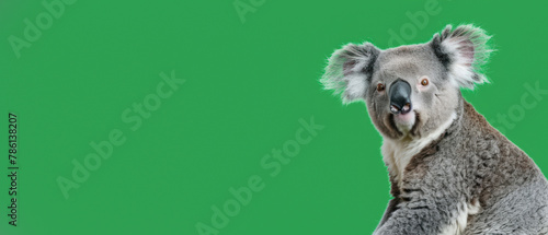 This photograph captures a koala with an inquisitive look, set against a bold green background photo