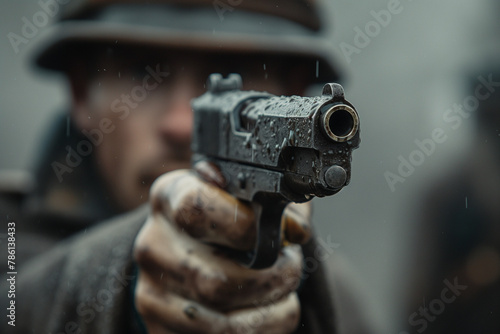 World War 1 soldier military aiming Colt M1911 to camera, 