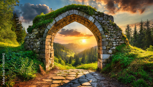 Old stone arch. Medieval gate. Portal to forest park, woods at sunset. Magical place. Ancient ruins.