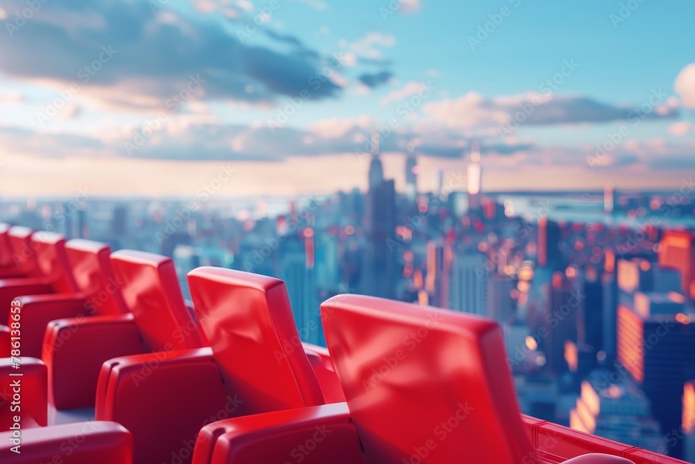city view with red seats in the background