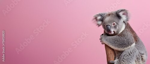 This image captures a charming koala leaning on a post, peeking with curiosity on a plain pink background that highlights its features
