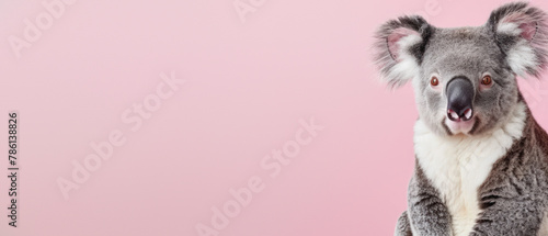 Captivating photograph of a laughing koala bear with an open mouth, exuding a sense of happiness on a seamless pink background