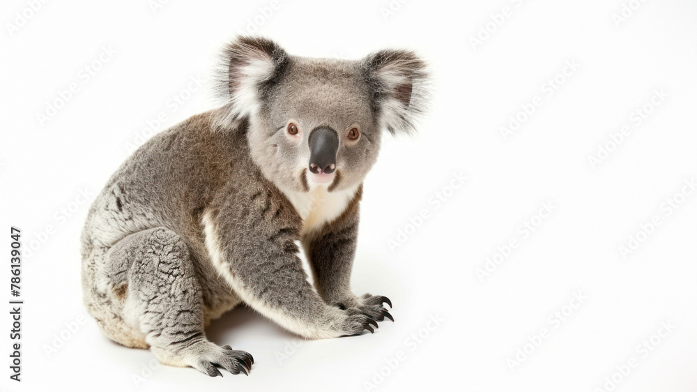 A laid-back koala seemingly strikes a pose with a cordial demeanor on a clean white background A laid-back koala seemingly strikes a pose with a cordial demeanor on a clean white background