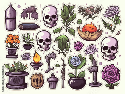 Set of magic staves and other items flat design illustration